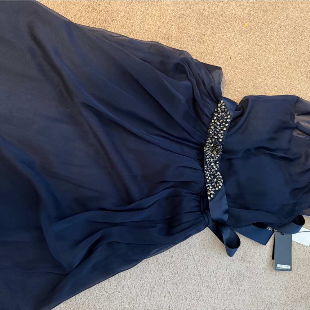 Adrianna Papell Midnight Blue Gown with Embellished Waist